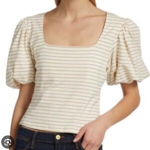 FRAME NINA IVORY AND BEIGE STRIPED PUFF SLEEVE TOP